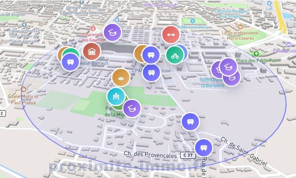 Carte de proximité en vue 3D du quartier d'Avignon centré sur le Parc de la Murette, avec des marqueurs colorés indiquant la localisation des transports en commun, commerces, écoles et équipements sportifs dans un rayon délimité par un cercle bleu. Les points d'intérêt identifiés incluent des arrêts de bus, une pharmacie, une boulangerie et plusieurs établissements scolaires.