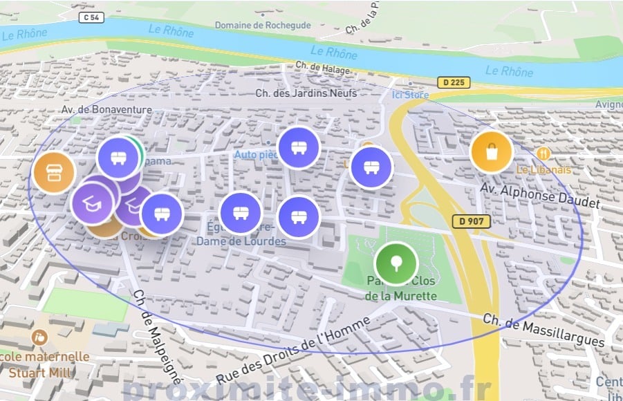 Carte interactive du quartier La Croisière à Avignon affichant les points d'intérêt à proximité, dont plusieurs arrêts de bus en bleu, des établissements scolaires en violet et des commerces en orange. Le Rhône et les axes routiers D225 et D907 sont visibles en bordure du secteur délimité par un cercle bleu.