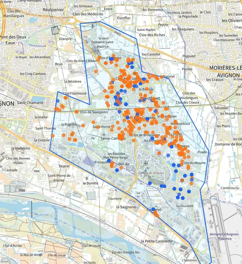 Montfavet : 371 ventes de maisons (orange) et 539 d’appartements (bleu) en cinq ans.