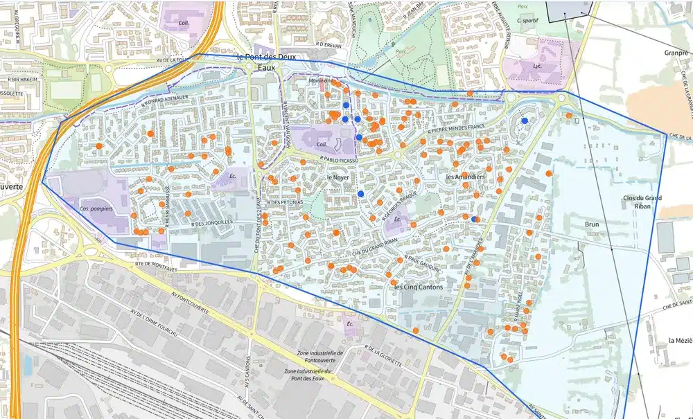 Pont des Deux Eaux Sud : 192 ventes de maisons en cinq ans (points orange).