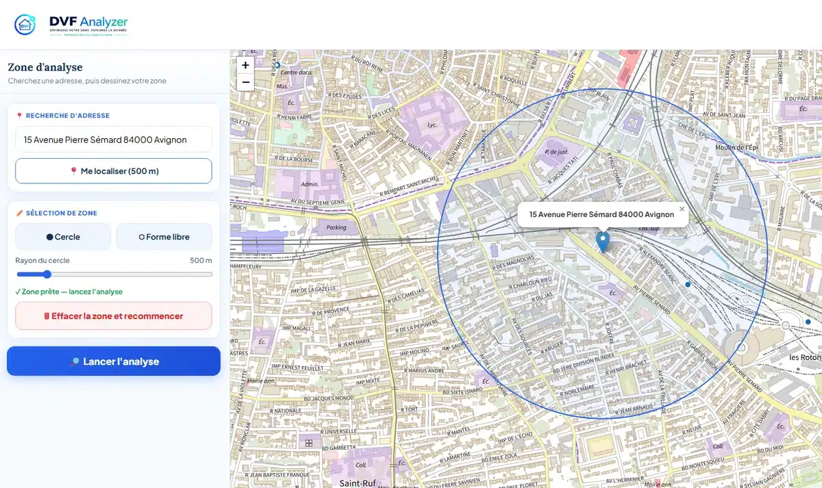 Zone d'analyse circulaire de 500 mètres autour d'une adresse à Avignon