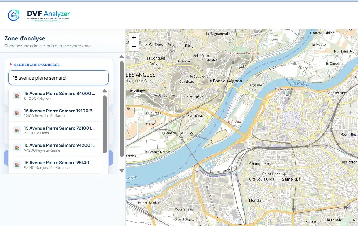 Recherche des ventes immobilières autour d'une adresse dans DVF-Analyzer