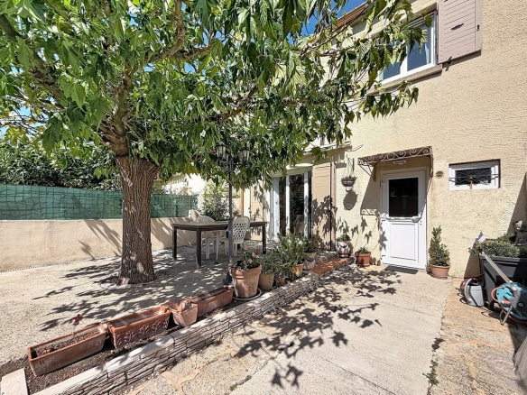 Jardin clos avec un grand arbre feuillu central projetant de l'ombre sur une terrasse en béton avec table et chaises blanches. Façade en enduit beige avec volets gris, bordure de jardinières en terre cuite alignées et plusieurs plantes en pots disposées le long de la maison.