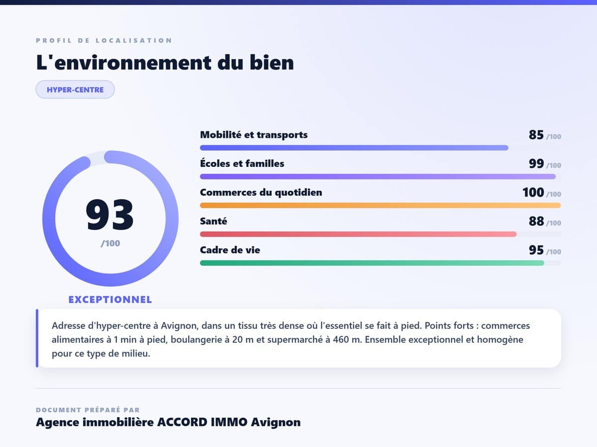Fiche de profil de localisation sur fond dégradé bleu et blanc affichant un score de 93 sur 100 qualifié d'exceptionnel, avec cinq critères notés par barres de couleur : mobilité et transports 85, écoles et familles 99, commerces du quotidien 100, santé 88, cadre de vie 95. Encadré textuel précisant une adresse d'hyper-centre à Avignon avec boulangerie à 20 mètres et supermarché à 460 mètres.
