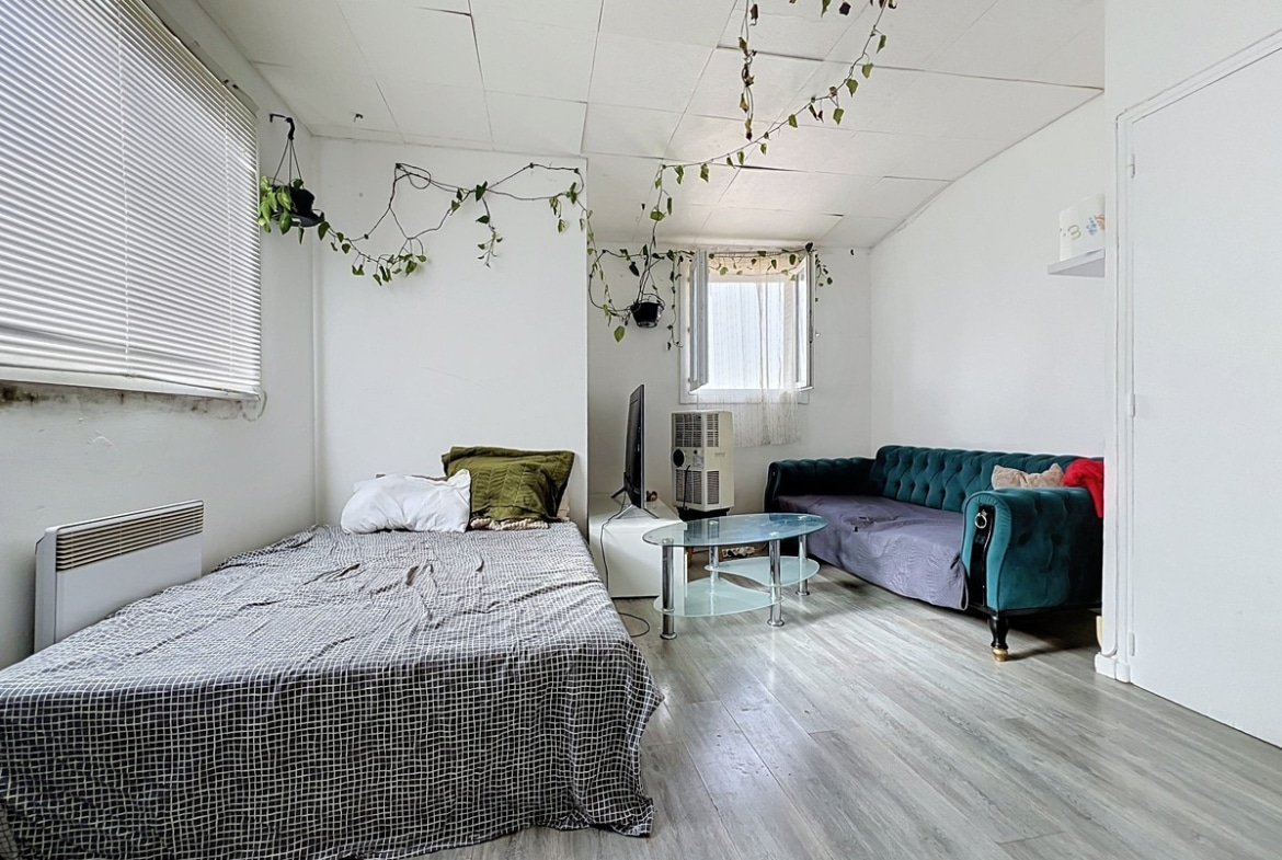 Pièce principale du studio combinant espace nuit et salon, avec un lit double en premier plan recouvert d'un dessus-de-lit à carreaux gris et blanc, un canapé Chesterfield en velours bleu-vert et une table basse ronde en verre. Plafond en dalles acoustiques blanches agrémenté de plantes retombantes suspendues, chauffage électrique à inertie mural et climatiseur mobile blanc visible entre les deux espaces.