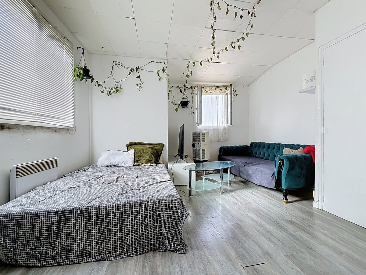 Pièce principale du studio combinant espace nuit et salon, avec un lit double en premier plan recouvert d'un dessus-de-lit à carreaux gris et blanc, un canapé Chesterfield en velours bleu-vert et une table basse ronde en verre. Plafond en dalles acoustiques blanches agrémenté de plantes retombantes suspendues, chauffage électrique à inertie mural et climatiseur mobile blanc visible entre les deux espaces.