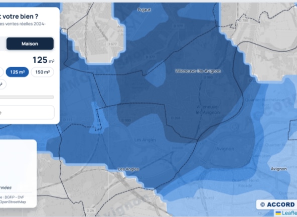 Carte des prix estimés d'une maison de 125 m² à Villeneuve-lès-Avignon, Les Angles et Avignon d'après les ventes réelles 2024-2025