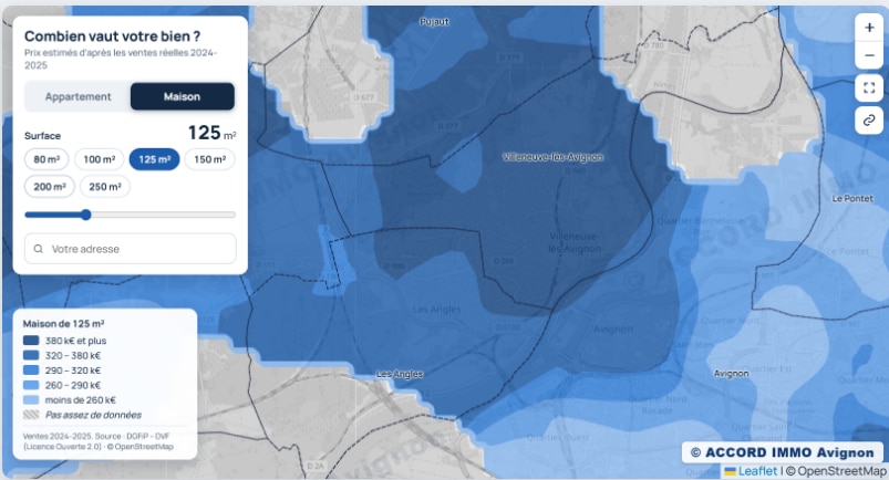 Carte des prix estimés d'une maison de 125 m² à Villeneuve-lès-Avignon, Les Angles et Avignon d'après les ventes réelles 2024-2025