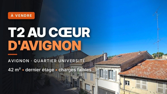 presentation premium de l'annonce avec vue en plongée sur une rue commerçante du centre d'Avignon avec des immeubles anciens aux façades ocre et beige, toits en tuiles romaines rouges et volets blancs. Une antenne de télévision domine les toits sous un ciel bleu intense, typique de l'architecture provençale du quartier université.
