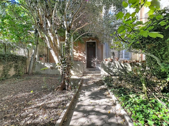 Jardin urbain avec allée centrale en béton menant à l'entrée de la maison, encadré de grands arbres aux troncs noueux dont un olivier, avec végétation dense et feuillage varié en sous-bois. La façade de la maison en enduit ocre rosé est partiellement visible en arrière-plan avec une porte d'entrée en bois sombre à arc en plein cintre et des pots en terre cuite alignés sur le muret.